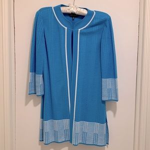 Ming Wang knit jacket, long.  Size medium. Light blue. Jewel neck.